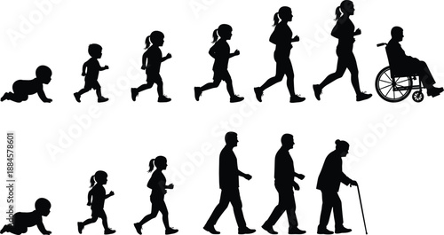 human, life, stages, evolution, silhouette, people, growth, aging, childhood, adulthood, elderly, disability, wheelchair, walking, development, lifespan, progress, black, vector, illustration