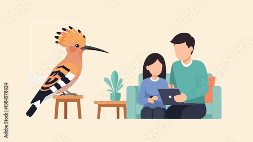 Stylized bird observes a couple working on a laptop at home