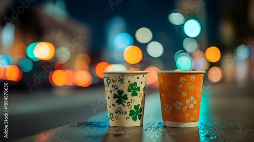 Two paper coffee cups resting on a ledge with blurred city lights