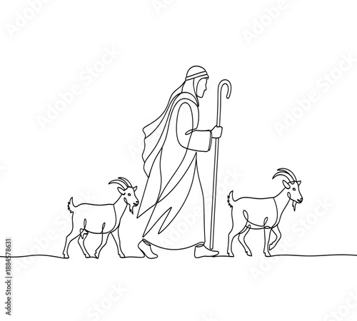 Line art depiction of a shepherd walking with two goats in a simple minimalist style