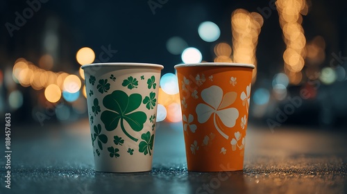 Two patterned disposable coffee cups sit blurred against a city lights backdrop