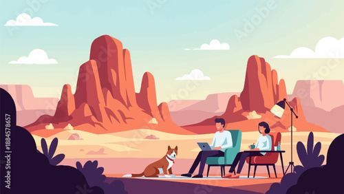 People working outdoors with dog in desert landscape