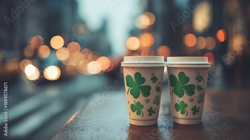 Two coffee cups with clover design sit outdoors in a blurred city scene