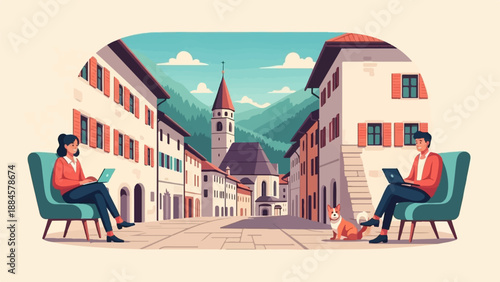 People working on laptops in a picturesque European town square with a dog