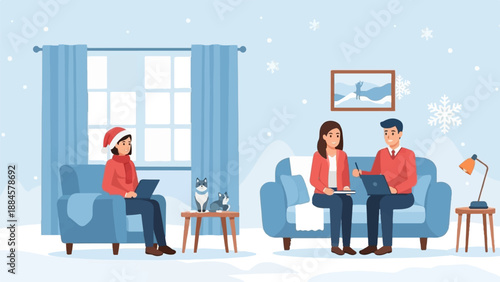 People working on laptops in a cozy winter home setting