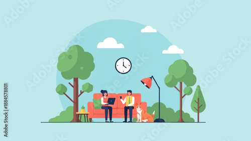 People working on laptops on a couch with a dog nearby