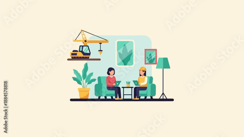 Two people in a room, one with a hard hat, discuss plans near a crane toy