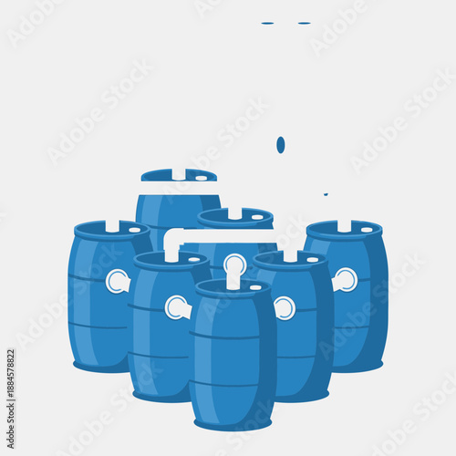 Industrial Flat Style Vector Graphic of Blue Plastic Barrels Connected to White PVC