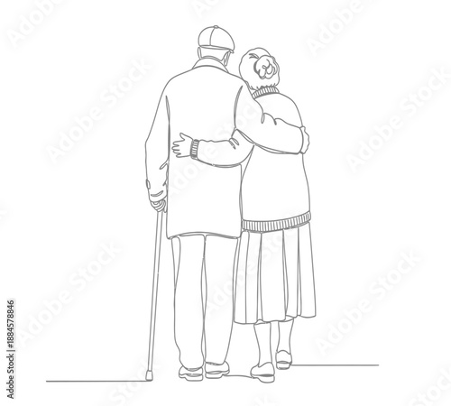 An elderly couple embracing viewed from the back with a walking cane nearby