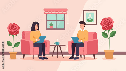 Two people sitting in armchairs holding tablets, with roses