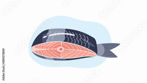 Stylized illustration of a raw salmon fillet and whole fish on blue background
