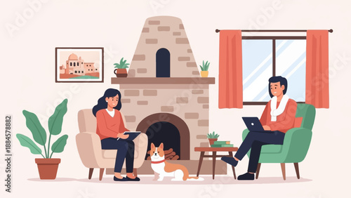 People relaxing indoors with a dog, fireplace, and plants