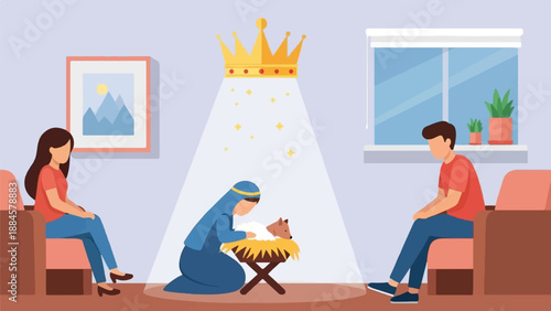 Nativity scene in a modern home with parents and baby Jesus