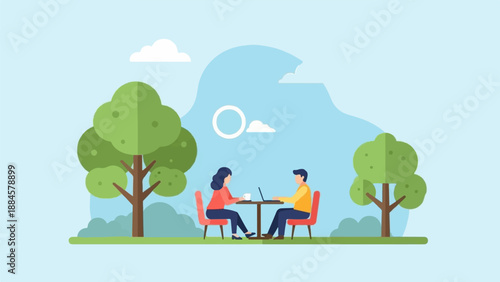 Two people enjoy a sunny day in the park with a laptop and coffee
