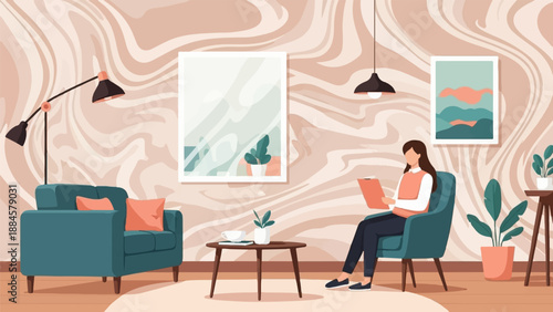 Woman reading in a cozy living room with art and plants
