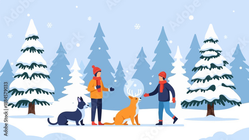 Snowy forest scene with people, dogs, and a deer