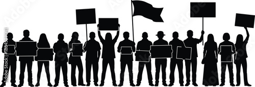 Protest crowd silhouette vector illustration, group of activists holding signs and flags for demonstration, people striking isolated on white background, social revolution.