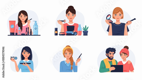 Six portraits show people applying makeup, a couple on a tablet