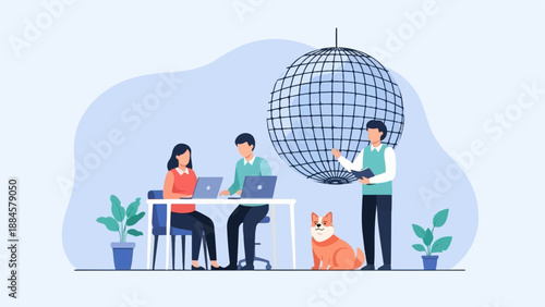 People working with laptops, a dog, and a large disco ball in a modern office space