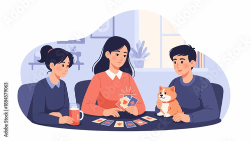Three people and a dog play cards at a table indoors