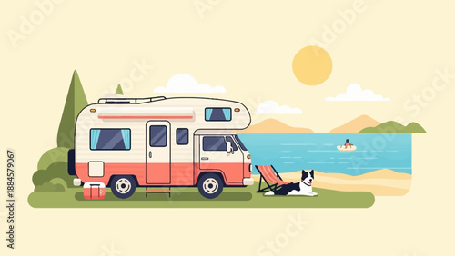 Retro camper van parked by a lake with a dog and person enjoying the sun
