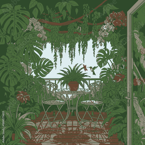 Vector Illustration of Jungle Like Balcony Hiding the PVC Structure with Plants