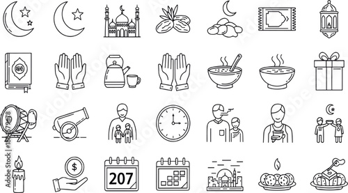 Print  Detailed Islamic and Ramadan Line Icon Set Featuring Mosque Prayer Rituals Charity and Cultural Celebration Symbols