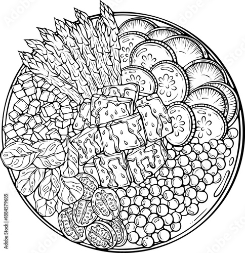 Buddha bowl top view with asparagus, spinach, chickpeas, and mixed vegetables. Healthy balanced vegetarian detox meal. Vector illustration in hand drawn sketch doodle style. Line art isolated on white