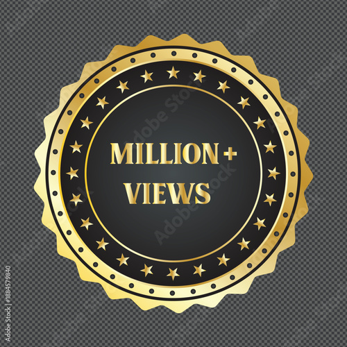 Golden Million Views Badge with Stars on Black Background, Success Achievement Icon