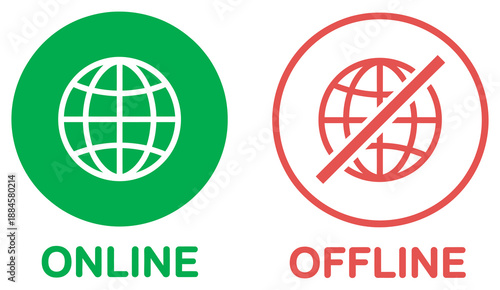 Online and Offline Internet Icons Set, red and green vector symbols including globe no signal full signal for network status graphics