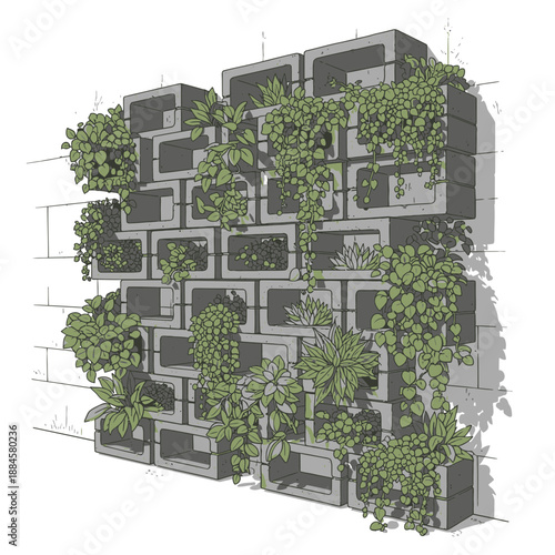 Vector Illustration of Vertical Garden Made of Hollow Concrete Breeze Blocks