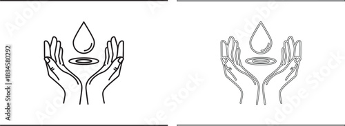 Black and white line art of hands holding a water droplet symbol