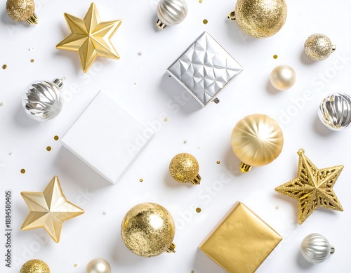Elegant Gold and Silver Christmas Decorations and Gift Boxes on a White Background for Holiday Celebrations and Events