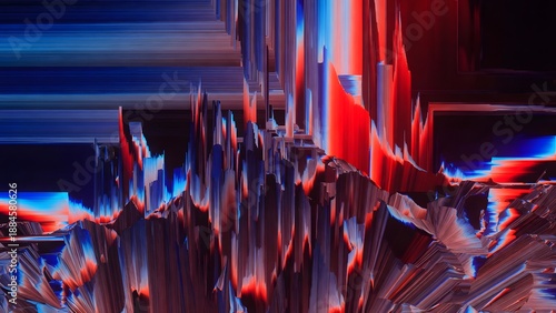 Vertical pixel sorting digital art featuring sharp mountain peaks in red and blue tones