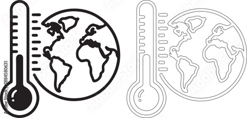 Black and white line art of thermometer and globe symbols