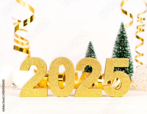 Festive New Year Celebration with Shiny 2025 Numbers Surrounded by Decorations and Trees