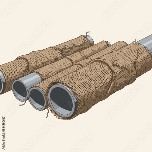 Rustic Texture Vector Illustration of PVC Pipes Wrapped in Burlap Fabric