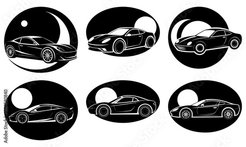 Various sports cars illustrated in different views within circular frames showcasing their sleek designs and dynamic poses