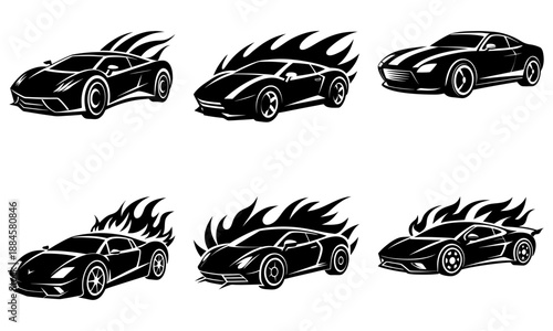 Sports cars with flames illustration from multiple angles, showcasing dynamic designs and speed