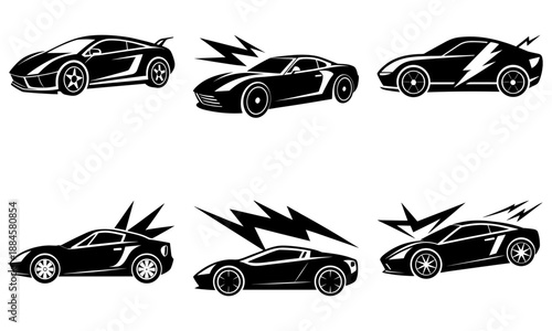 Dynamic sports cars in motion, showcasing speed and power with bold designs and lightning elements from a side viewpoint