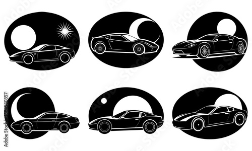 Futuristic cars silhouetted against celestial bodies in a series of black and white illustrations from various viewpoints