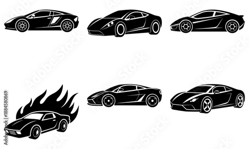 Collection of sleek sports cars in various poses and angles on a clean white background from different viewpoints