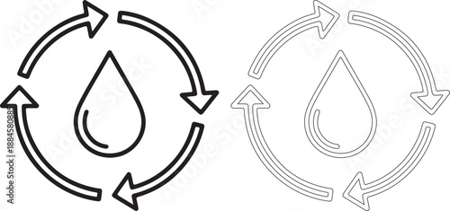 Black and white line art icons of recycling water droplets and waves