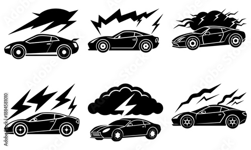 Dynamic sports cars in motion with lightning and smoke effects, showcasing speed and energy