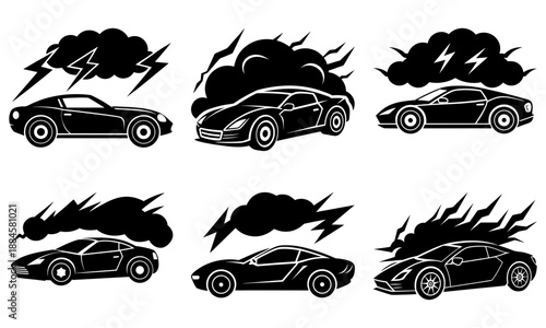 Collection of sports cars speeding with lightning clouds in various styles illustrated