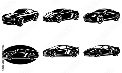 Collection of sleek sports cars viewed from various angles, showcasing design and style in a clean white environment.
