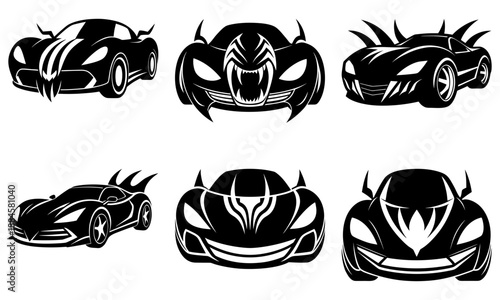 Vector illustrations of futuristic sports cars and aggressive animal faces from various viewpoints