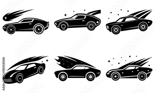 Dynamic illustrations of sports cars in motion from various angles
