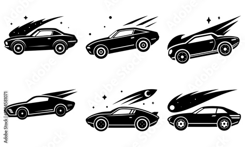 Dynamic illustrations of sports cars in motion with abstract elements and varied viewpoints