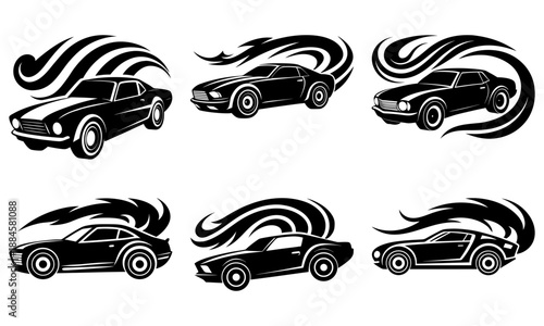 Collection of sleek sports cars in motion with dynamic swirls around them from multiple viewpoints